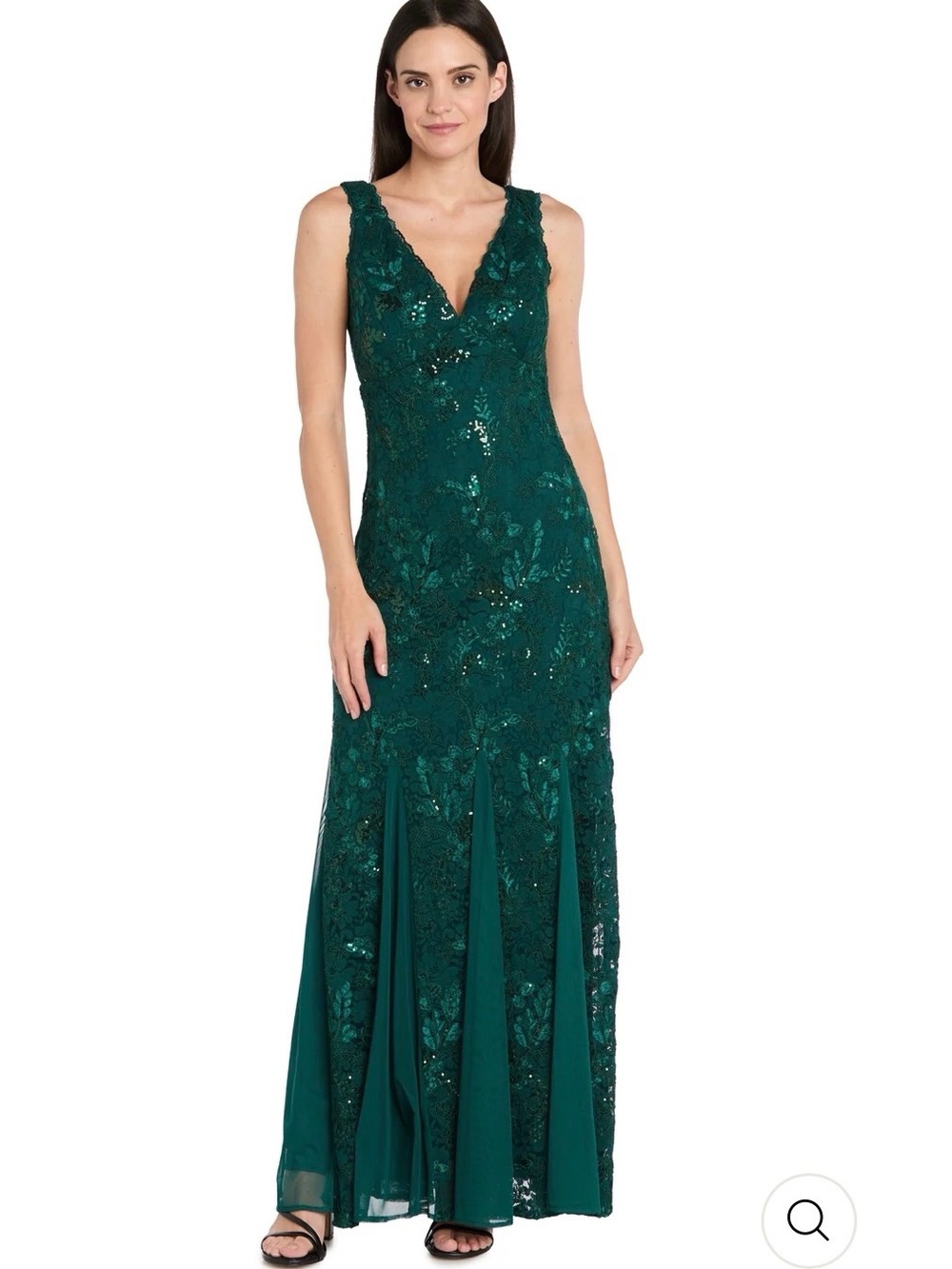 R&M Richards Emerald Green Lace & Sequin V-Neck Maxi Gown